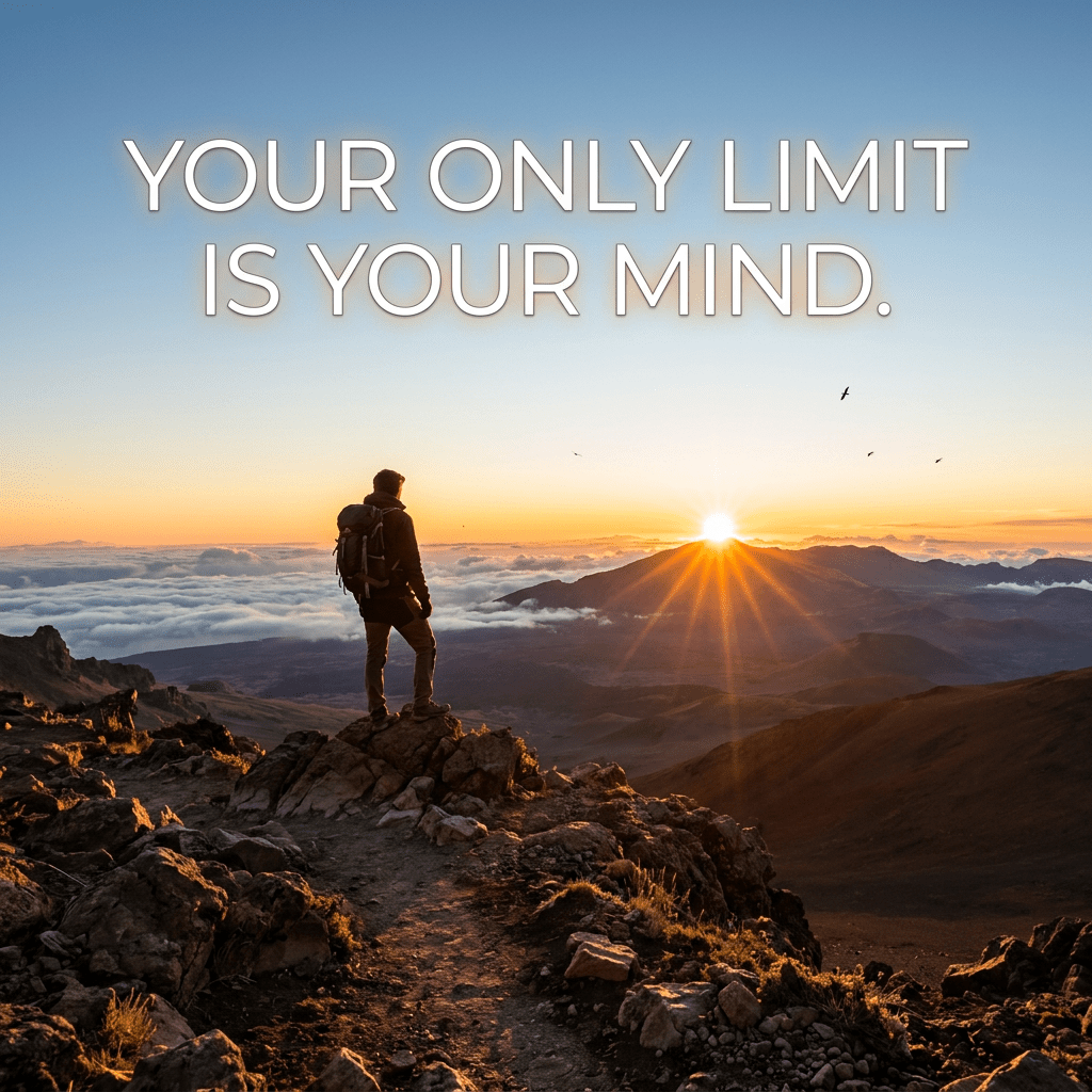 Hiker standing on rocky mountain peak at sunrise with text 'YOUR ONLY LIMIT IS YOUR MIND'